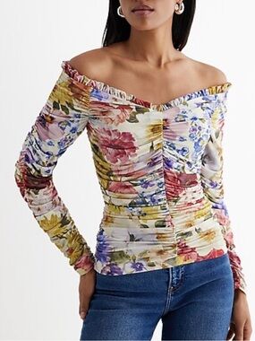 Express Off-Shoulder Floral Ruched Top - White with Pink, Yellow, Blue